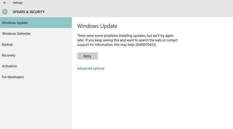 Windows 10 Update Error 0x80070422